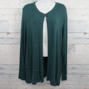 Logo Lori Goldstein Single Button Knit Ruffle Cardigan Dark Teal Women's Large